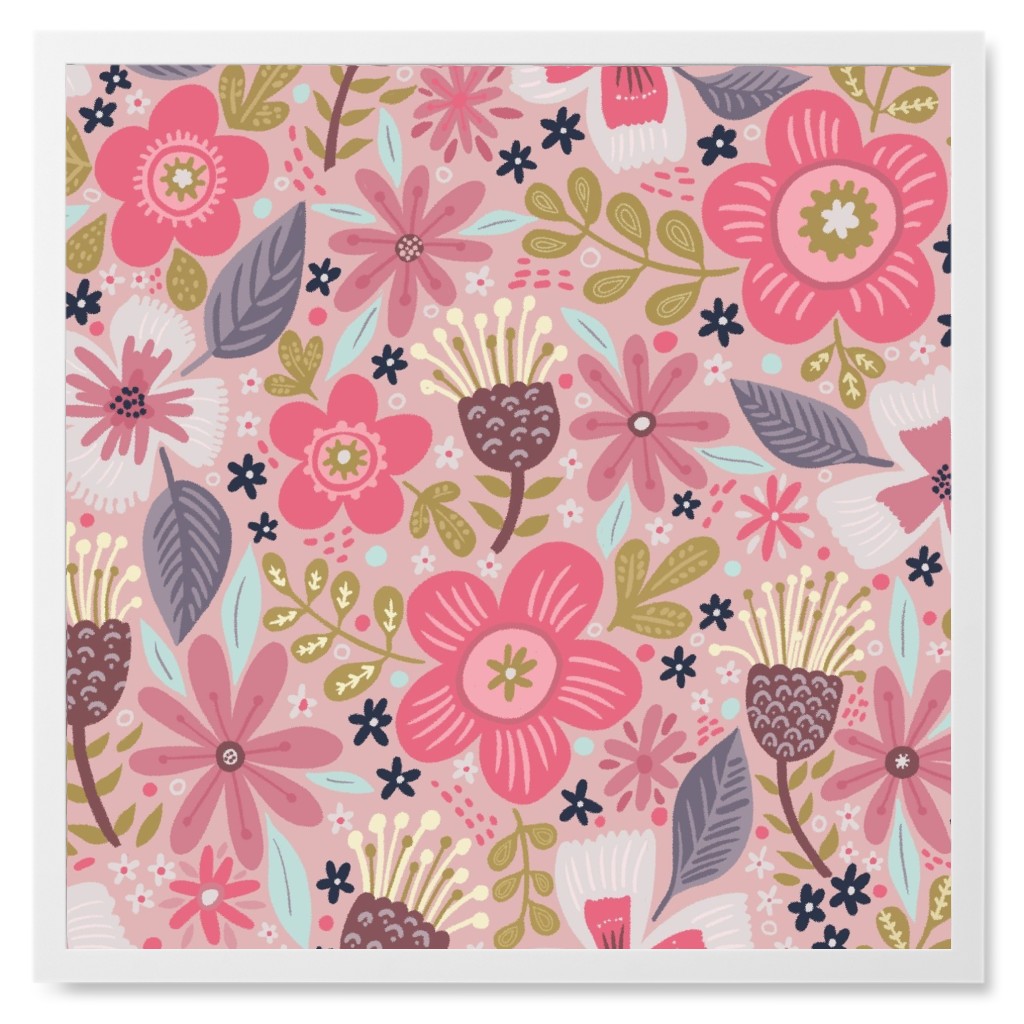 Boho Blooms - Pink Photo Tile, White, Framed, 8x8, Pink