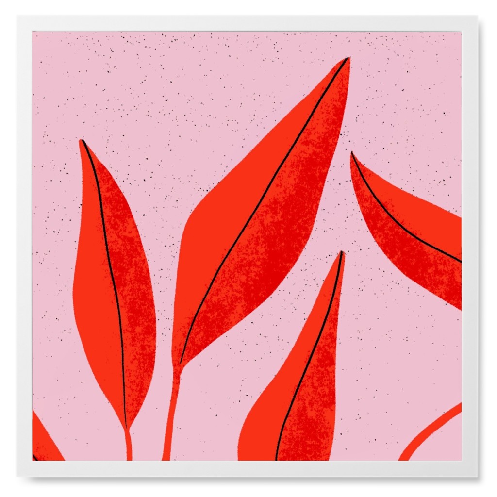 Leaves - Red on Pink Photo Tile, White, Framed, 8x8, Pink