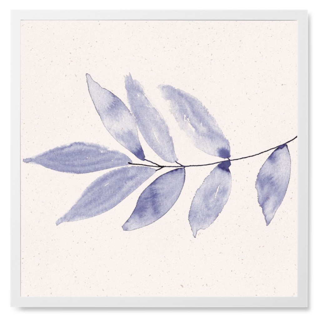 Watercolor Minimalist Branch With Leaves - Indigo Photo Tile, White, Framed, 8x8, Blue
