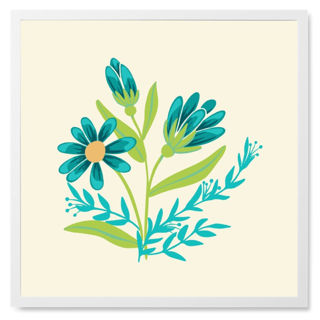 Simple Flowers - Blue Photo Tile, White, Framed, 8x8, Blue