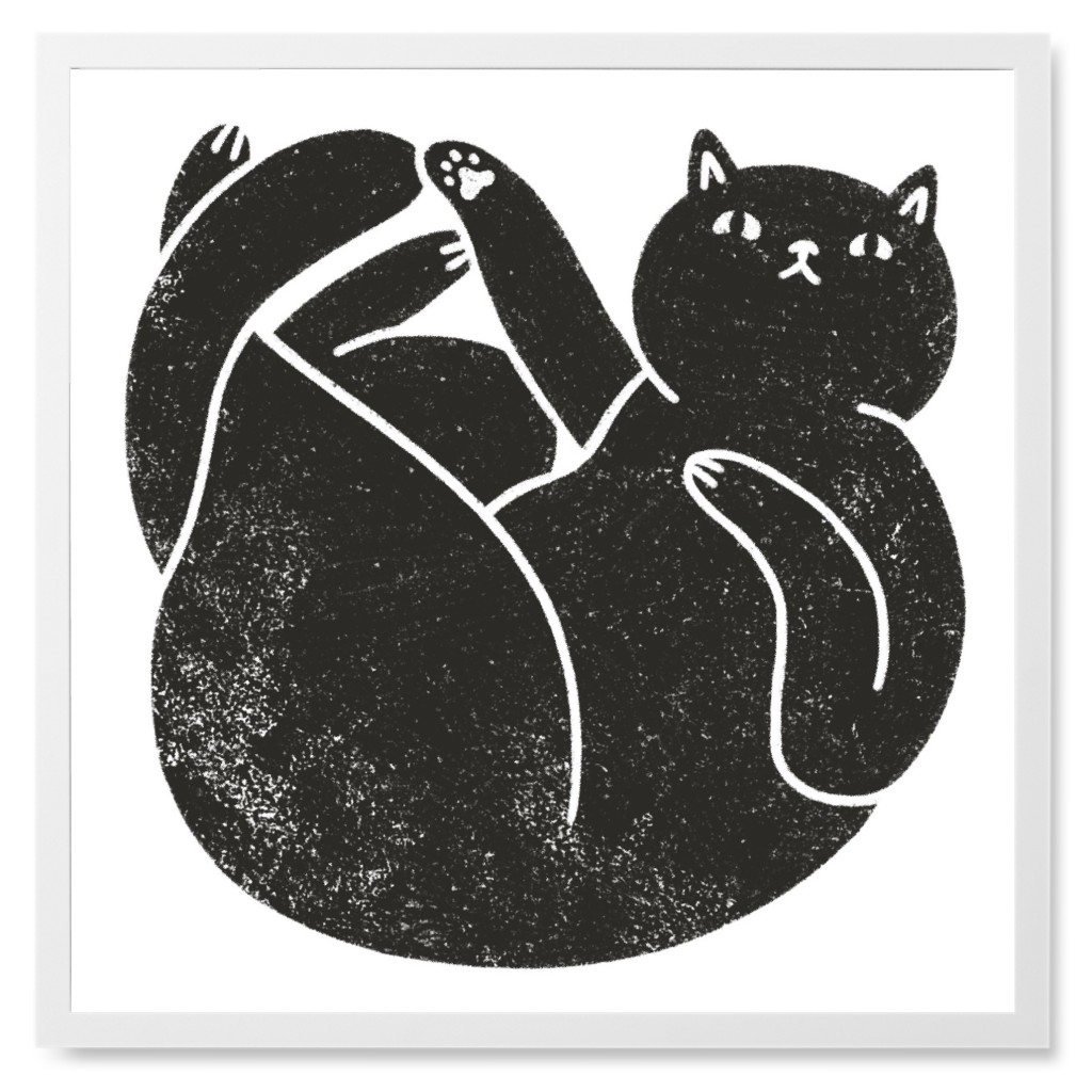 Lazy Black Cat - Black and White Photo Tile, White, Framed, 8x8, Black