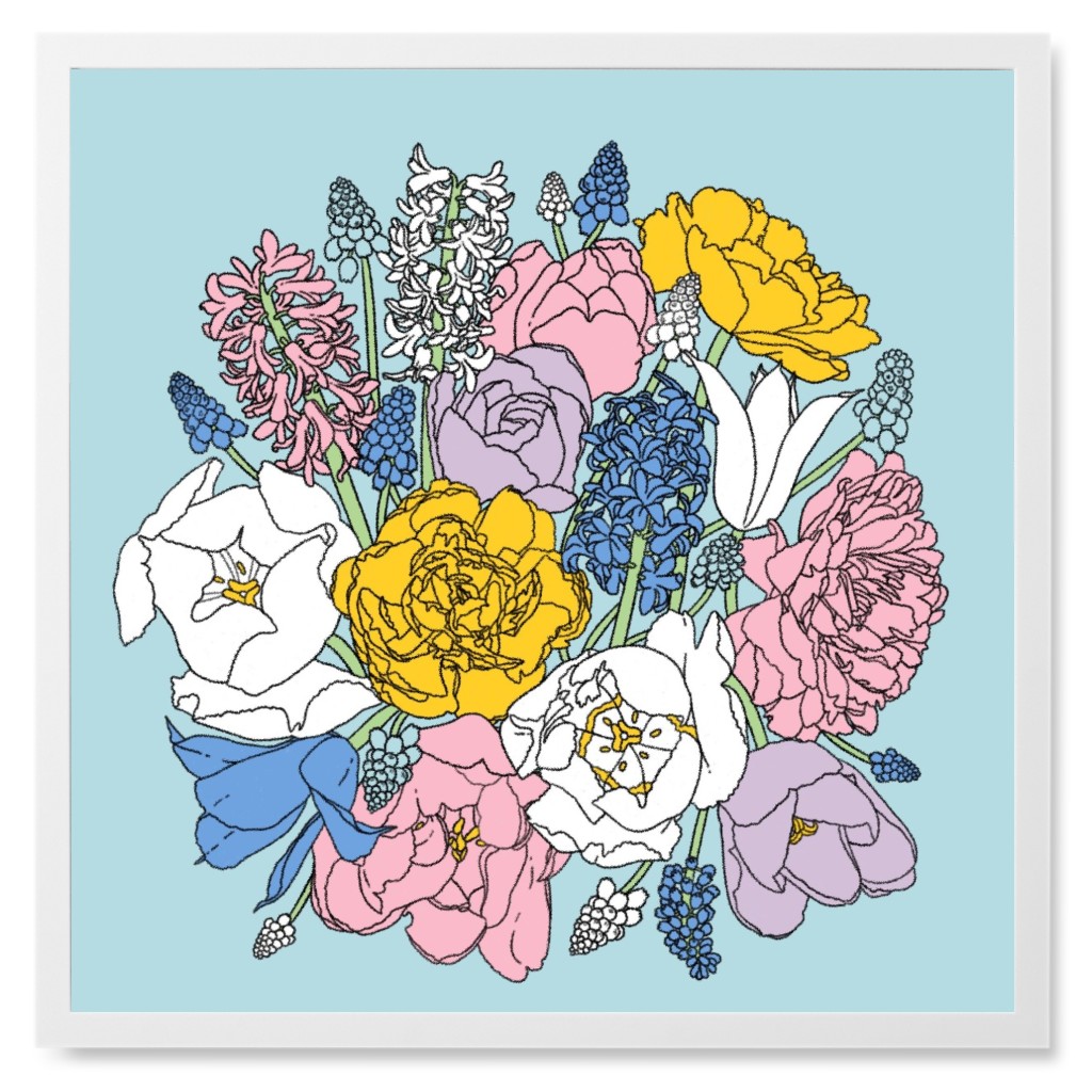 Tulips and Hyacinth Flowers - Multi on Blue Photo Tile, White, Framed, 8x8, Blue