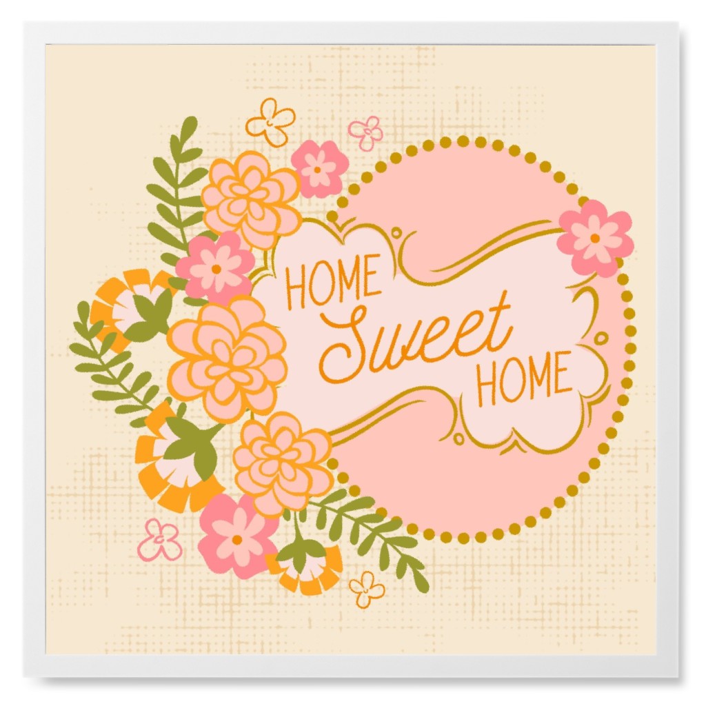 Home Sweet Home Floral - Pink Photo Tile, White, Framed, 8x8, Pink