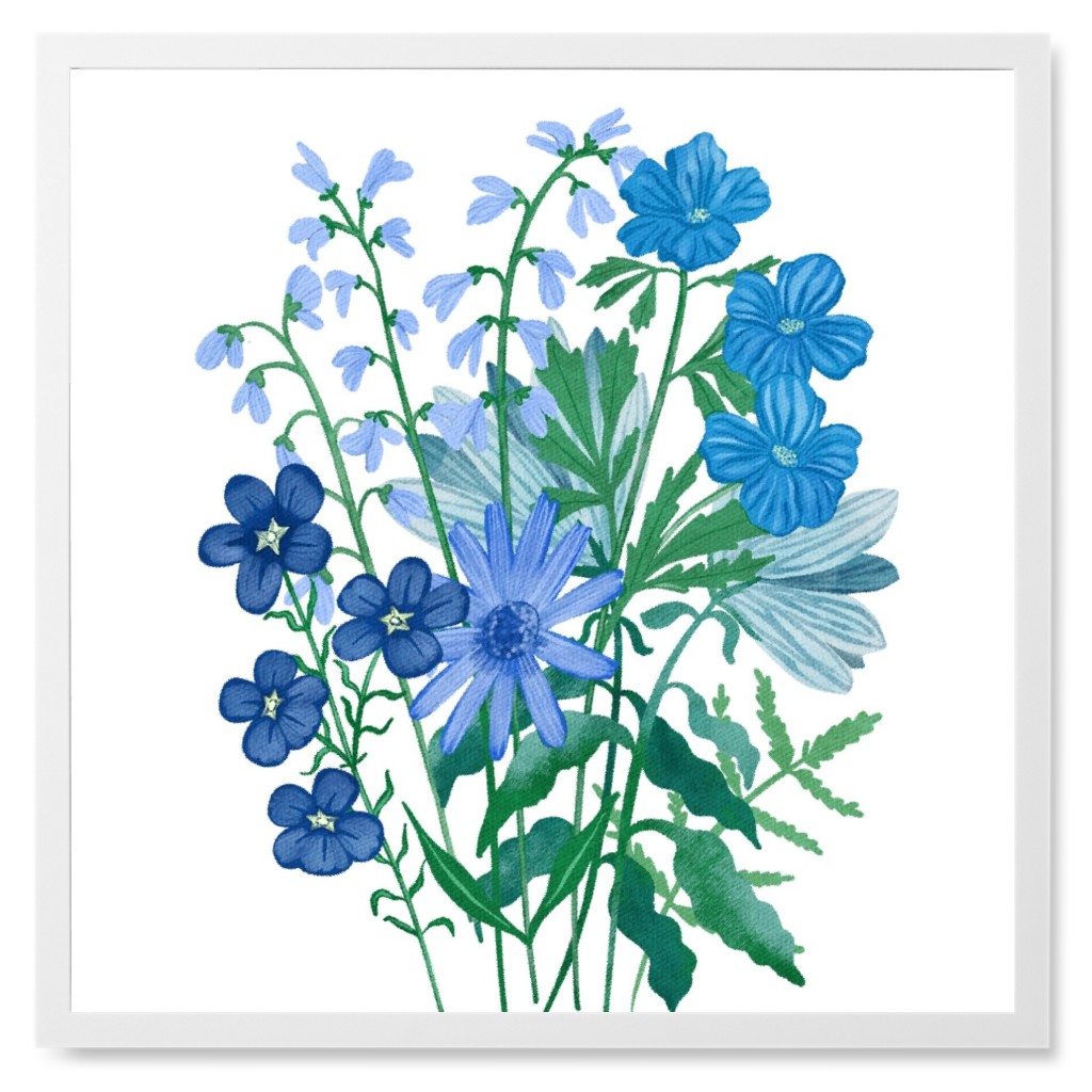 Bouquet Floral - Blue Photo Tile, White, Framed, 8x8, Blue, True Blue