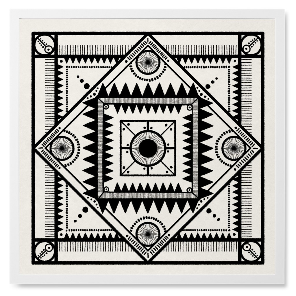 Tribal Geometric Tile Photo Tile, White, Framed, 8x8, Beige, Charcoal