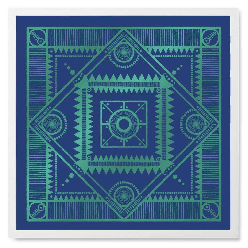 Tribal Geometric Tile Photo Tile, White, Framed, 8x8, Blue
