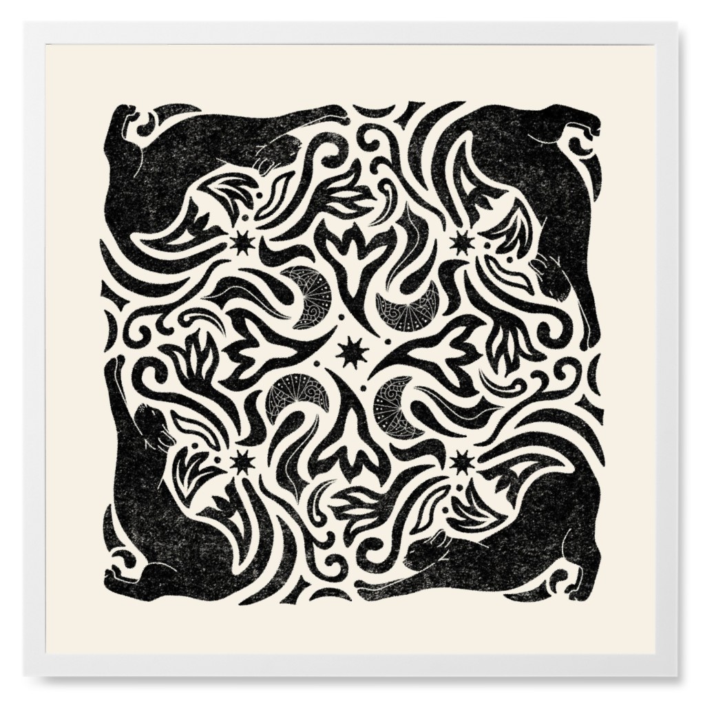 Cat and Moon Mandala - Cream and Black Photo Tile, White, Framed, 8x8, Beige, Pearl