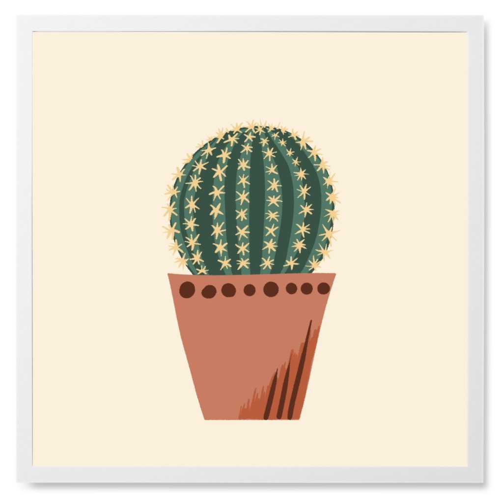 Barrel Cactus in Pot - Neutral Photo Tile, White, Framed, 8x8, Beige, Pearl