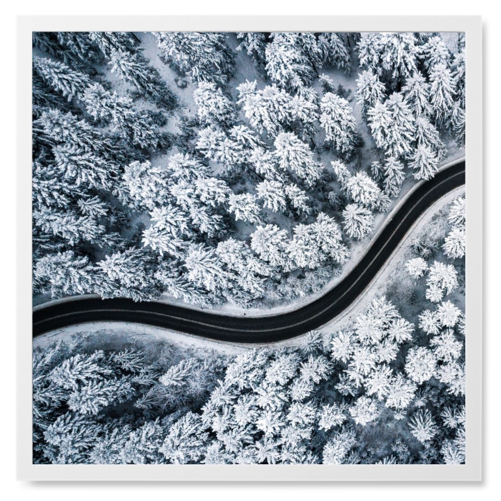 Winding Snow Road Photo Tile, White, Framed, 8x8, Gray