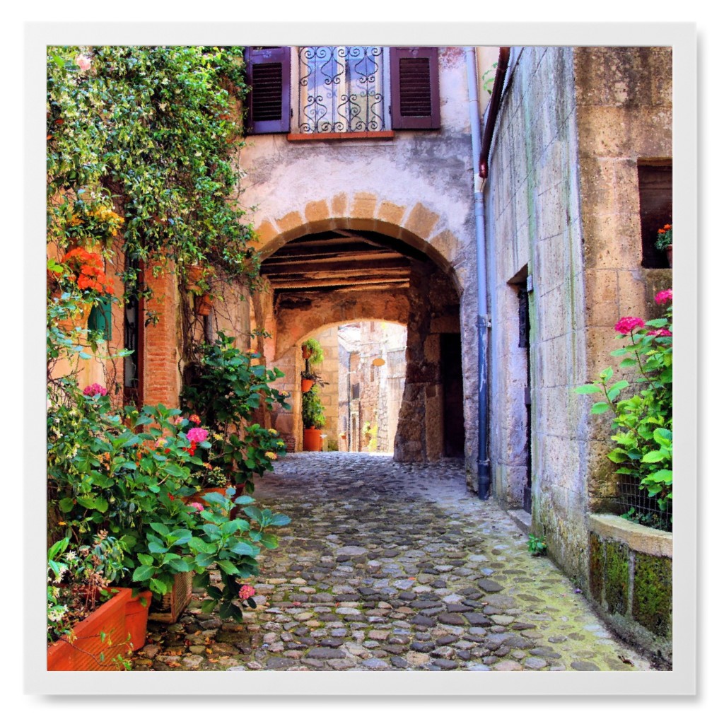 Cobblestone European Street Photo Tile, White, Framed, 8x8, Multicolor