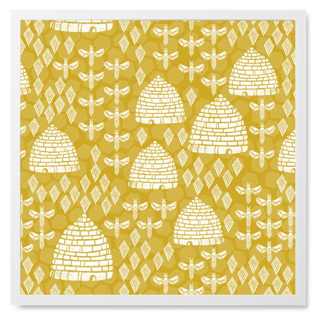 Bee Hives, Spring Florals Linocut Block Printed - Golden Yellow Photo Tile, White, Framed, 8x8, Yellow