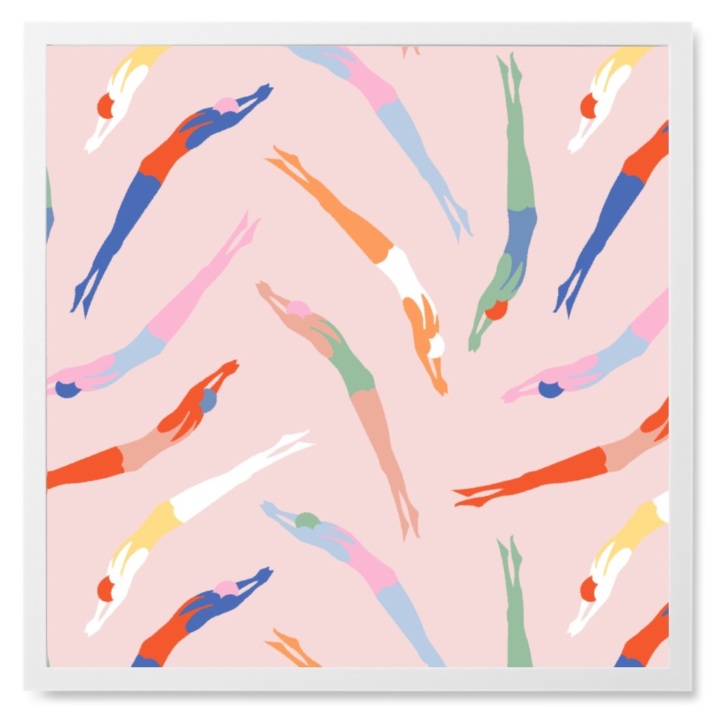 Art Deco Divers - Pink Photo Tile, White, Framed, 8x8, Pink, Bright Pink