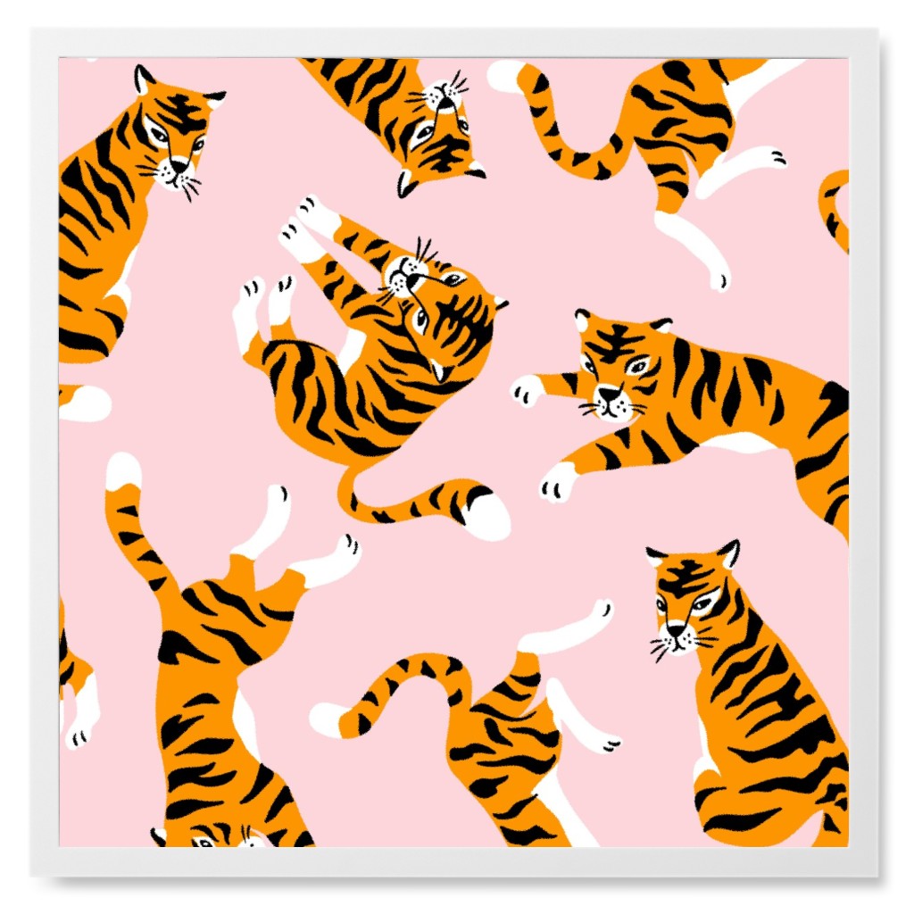 Tigers - Pink Photo Tile, White, Framed, 8x8, Pink, Bright Pink
