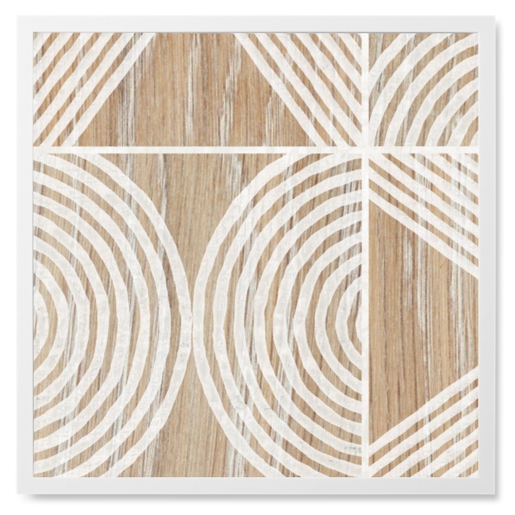 Boho Tribal Woodcut Geometric Shapes Photo Tile, White, Framed, 8x8, Beige, Rye