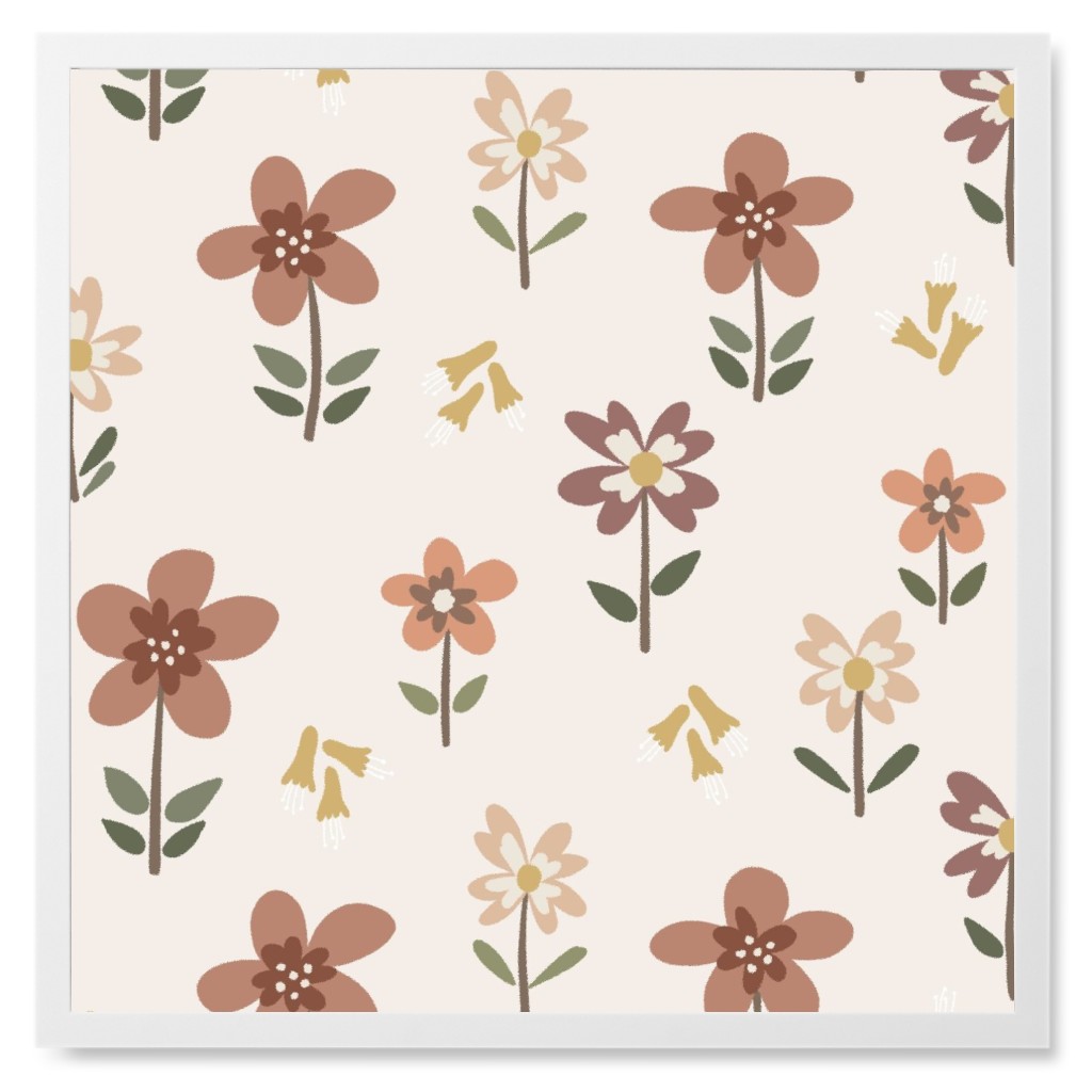 Cute Daisies & Foxgloves Floral - Earth Tones Photo Tile, White, Framed, 8x8, Pink, Bright Pink
