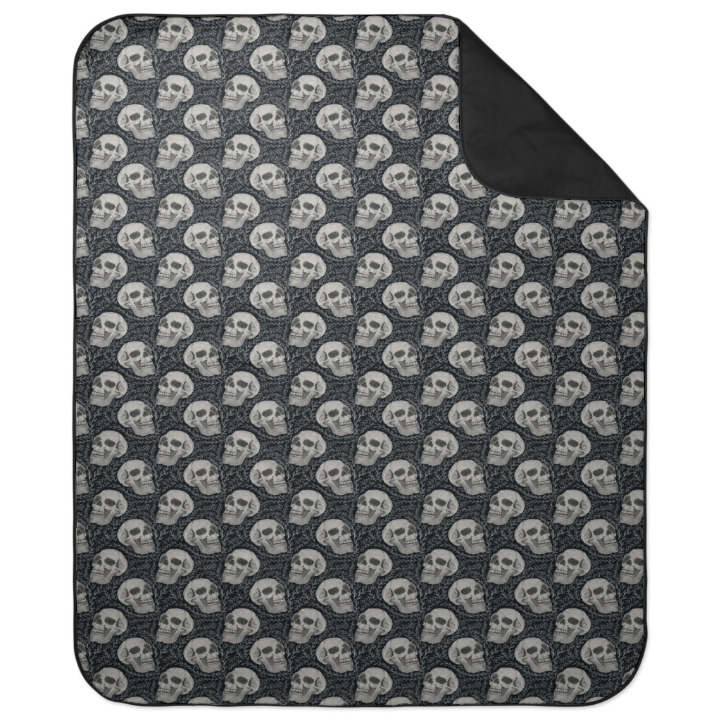 Watercolor Skulls With Flourish - Dark Picnic Blanket, Gray, Gray