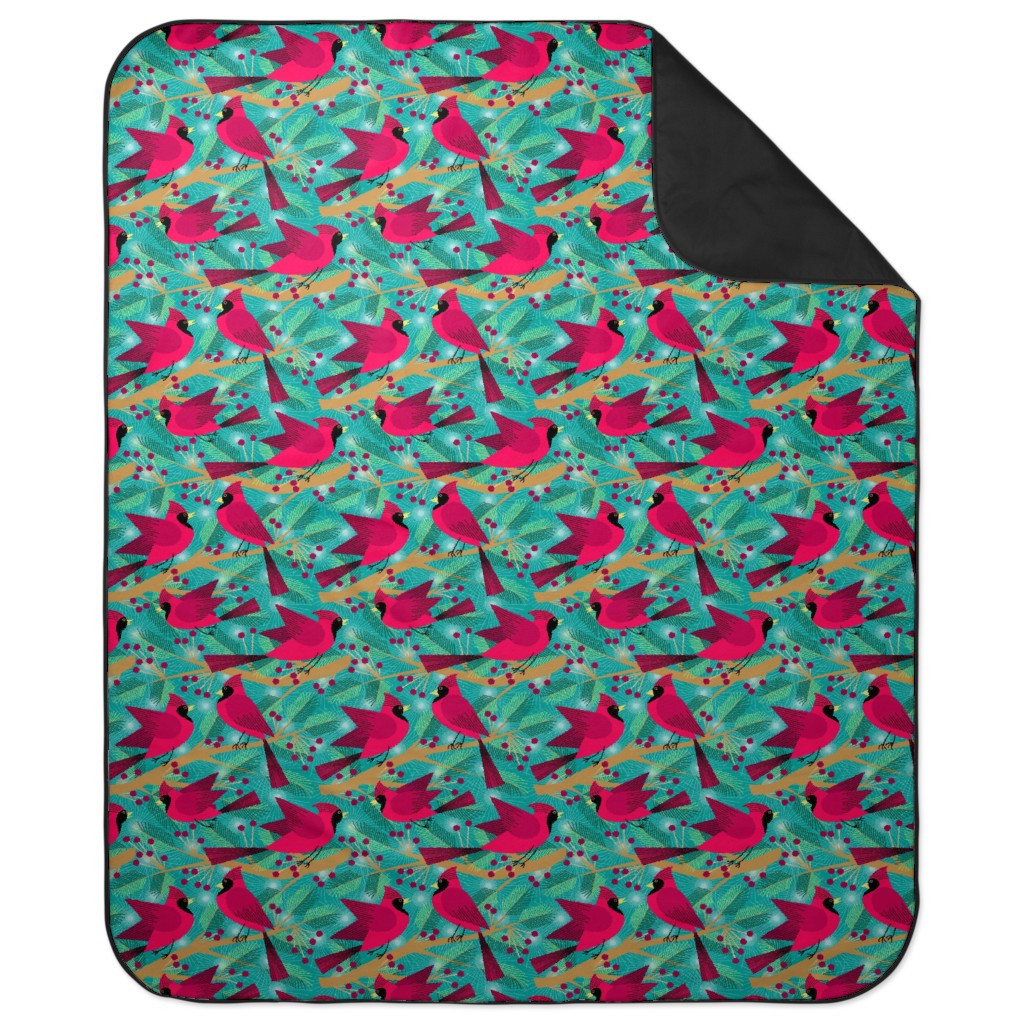 Winter Solstice Cardinals - Green Picnic Blanket, Green