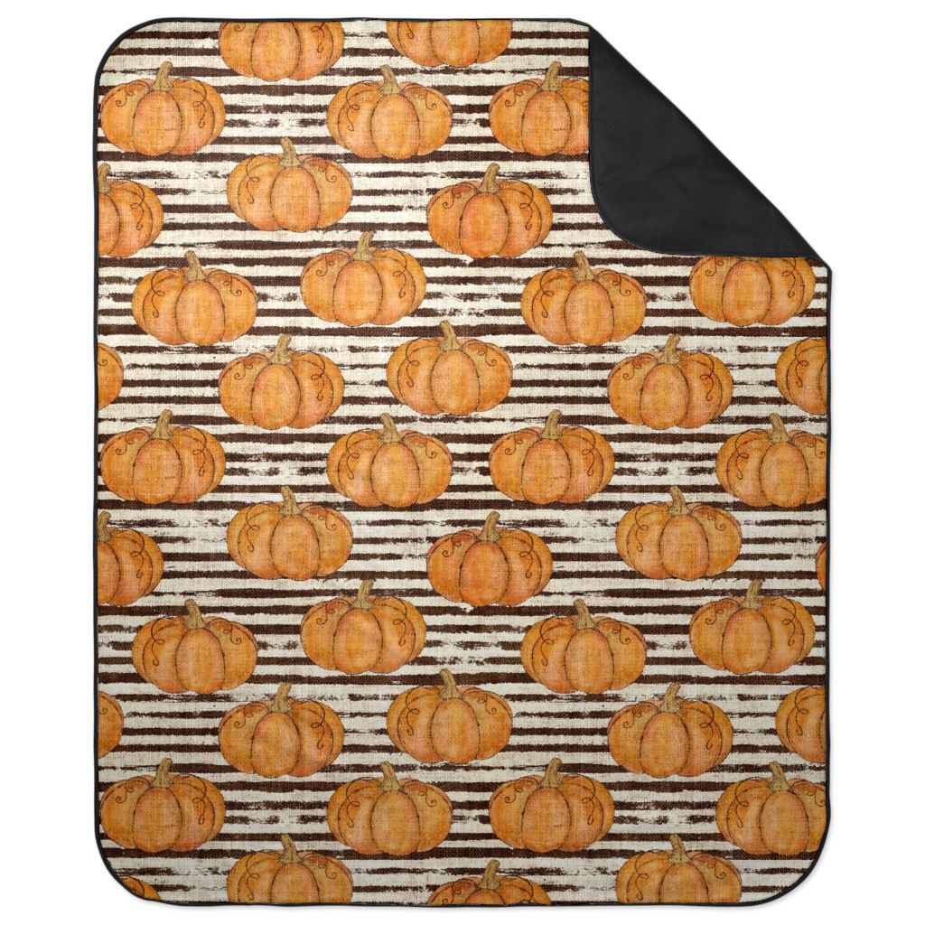 Painted Pumpkins on Distressed Stripes - Orange and Black Picnic Blanket, Orange