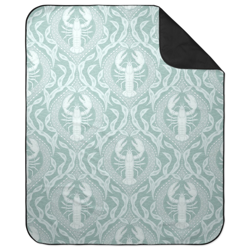 Lobster and Seaweed Nautical Damask Picnic Blanket, Green, Aloe