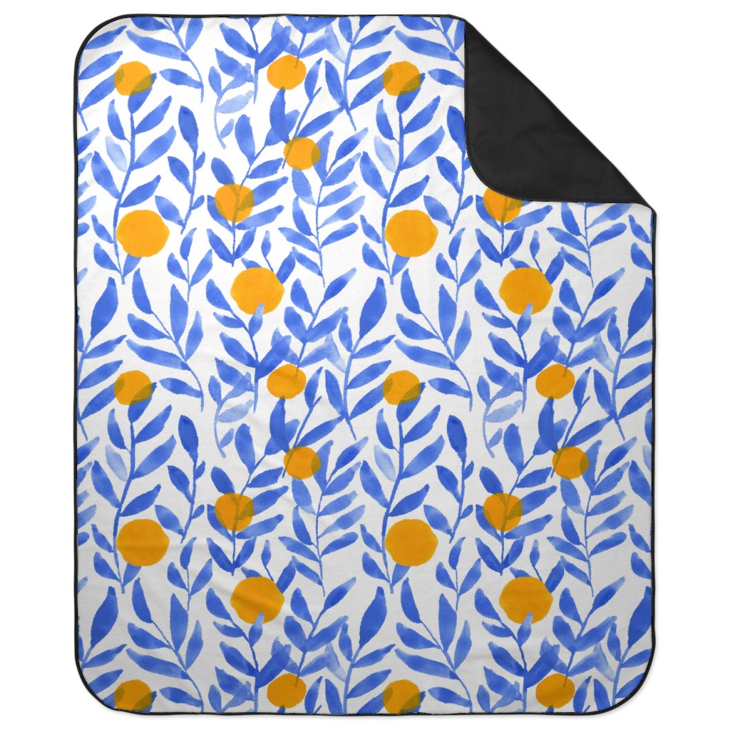 Modern Lemons Block - Blue and Orange Picnic Blanket, Blue