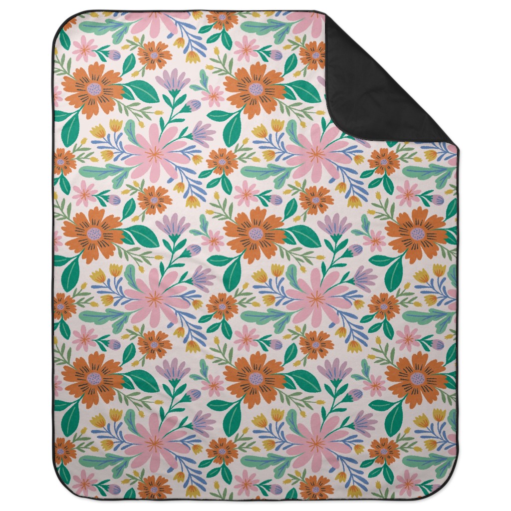 Happy Flowers - Multi on Pink Picnic Blanket, Multicolor