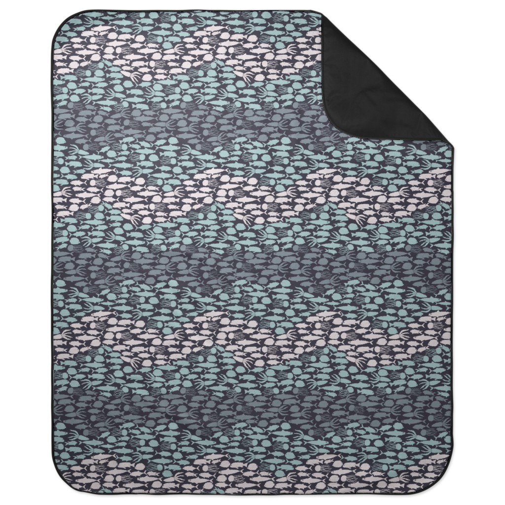 Fish School in Gray Aqua Dark Background Picnic Blanket, Blue