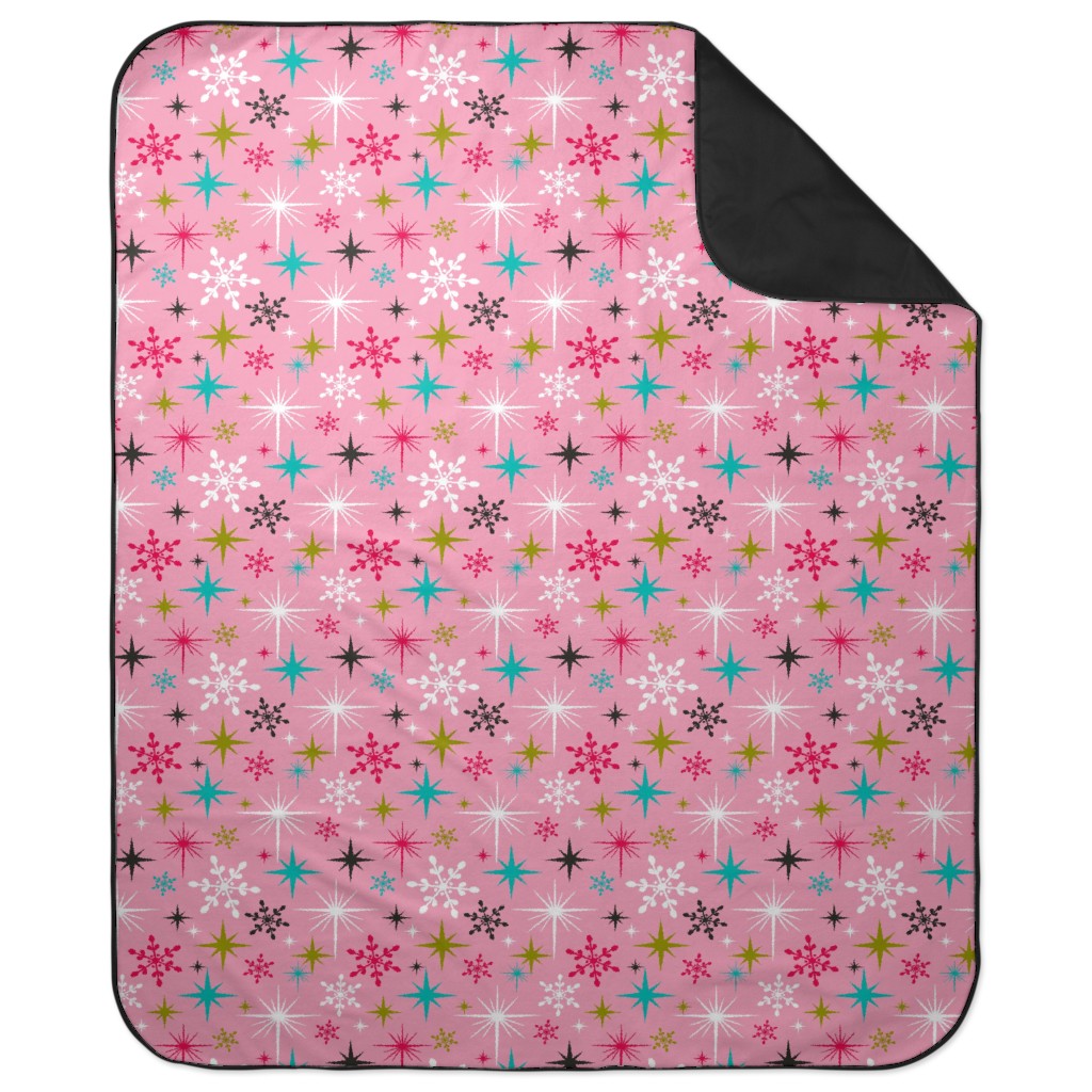 Stardust Retro Christmas Snowflakes and Stars - Pink Picnic Blanket, Pink