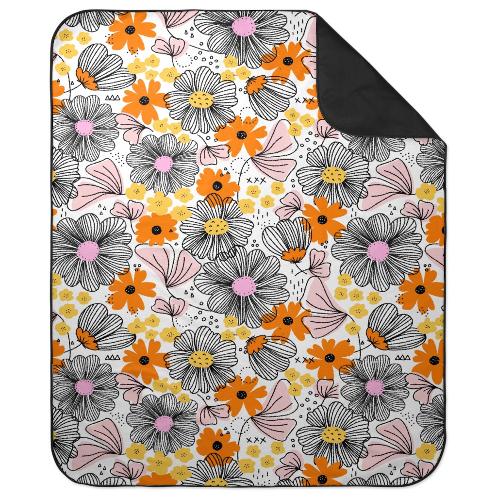 Line Art Florals - Multi Picnic Blanket, Multicolor