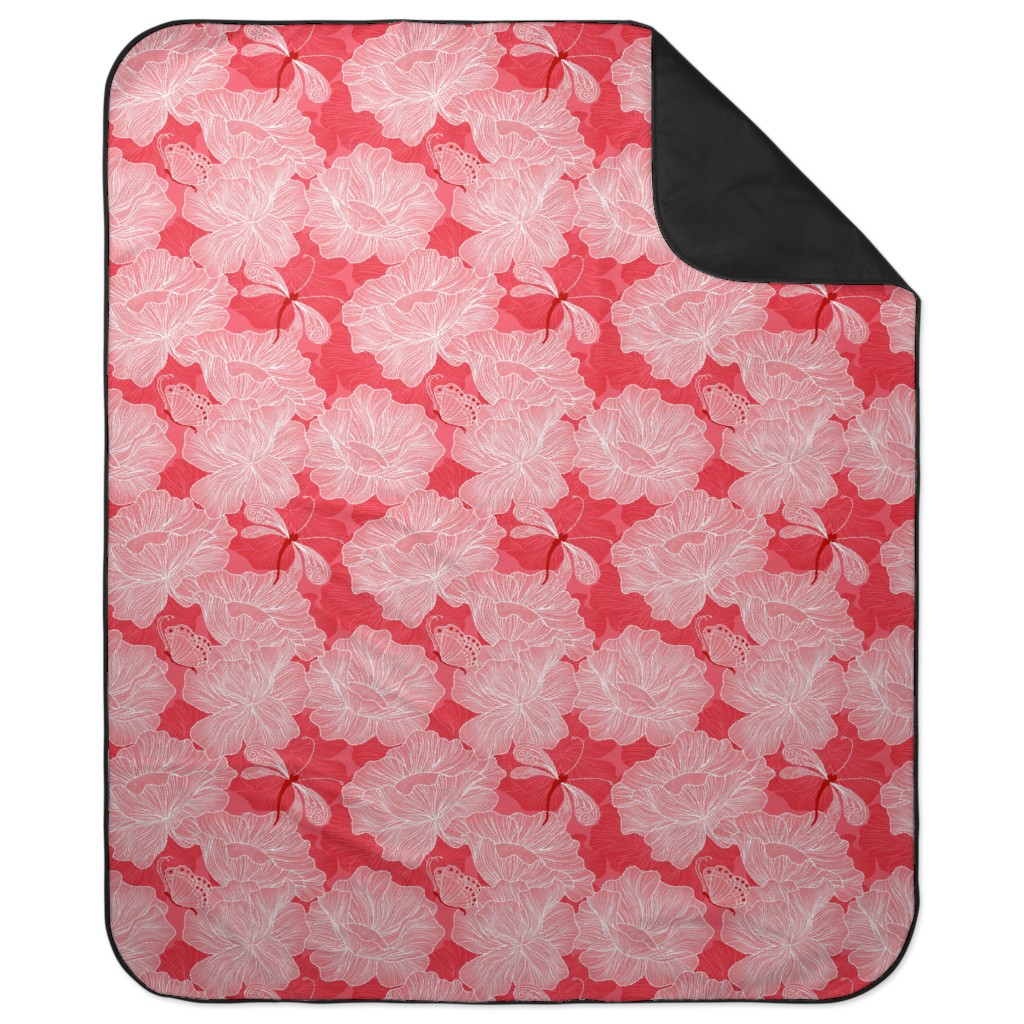 Floral & Butterflies on Scarlet Picnic Blanket, Pink