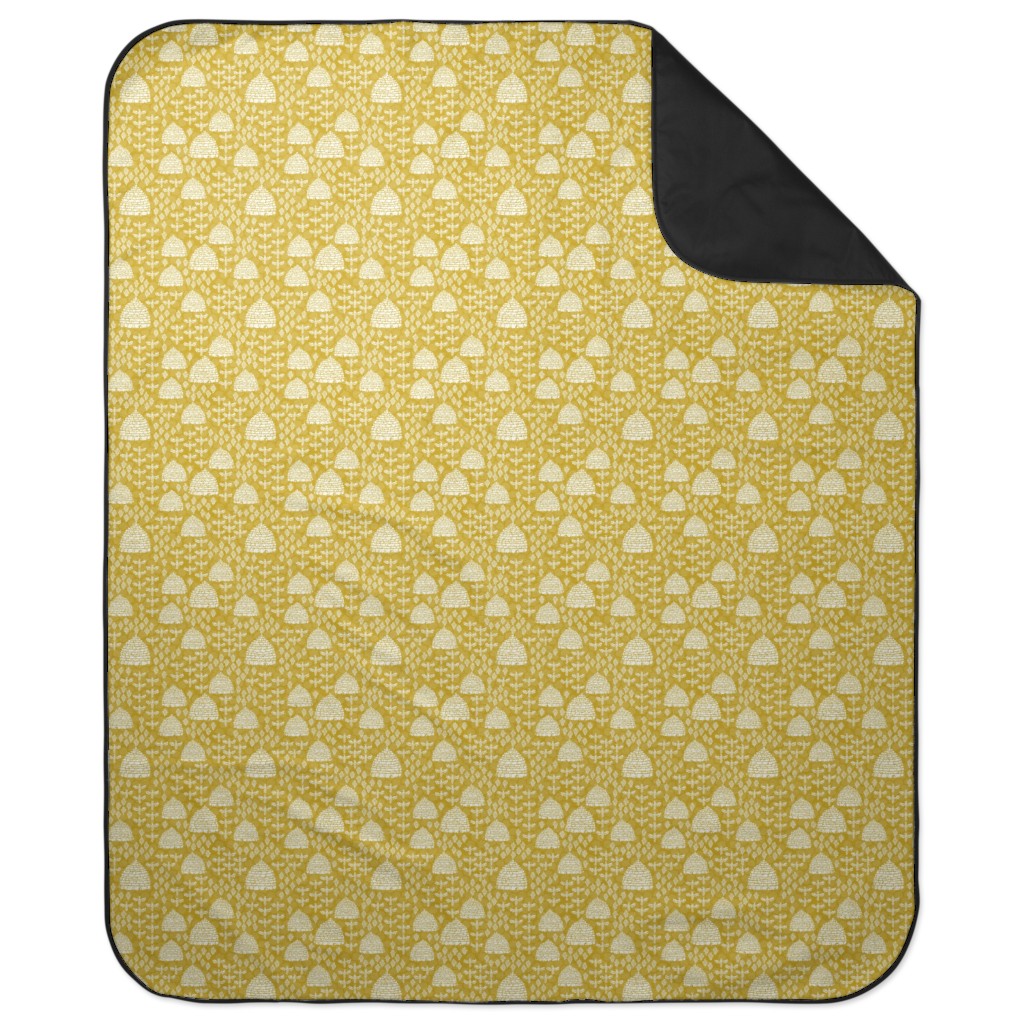 Bee Hives, Spring Florals Linocut Block Printed - Golden Yellow Picnic Blanket, Yellow
