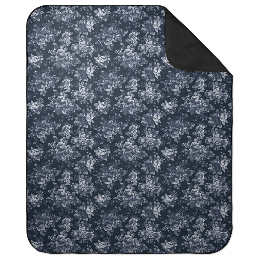Navy Floral Picnic Blanket, Blue, True Blue