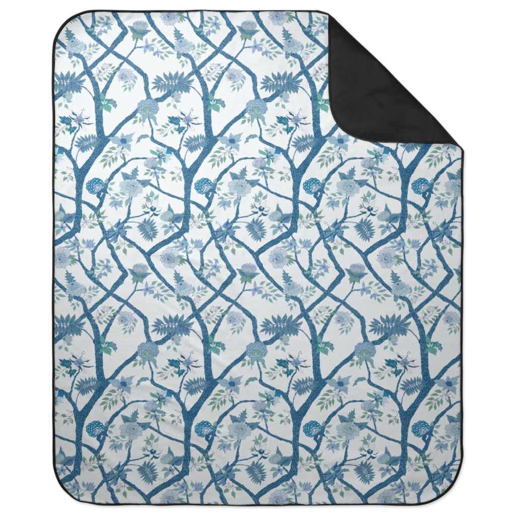 Peony Branch Mural - Blue and Green Picnic Blanket, Blue, True Blue