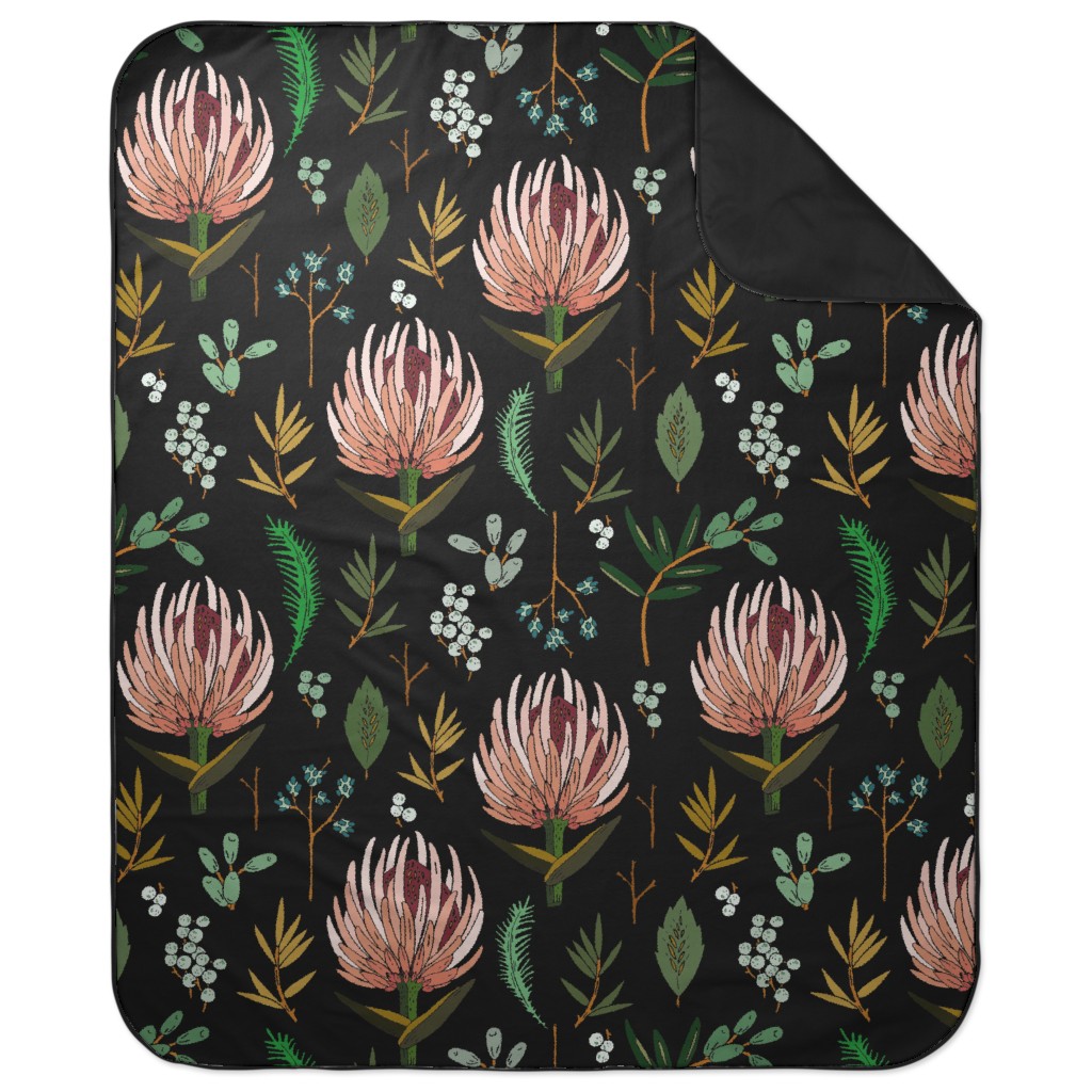 Floral Study - Multi on Black Picnic Blanket, Black, Black