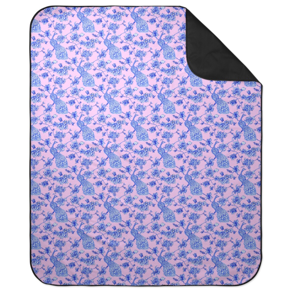 Chinoiserie Peacock Floral Picnic Blanket, Pink