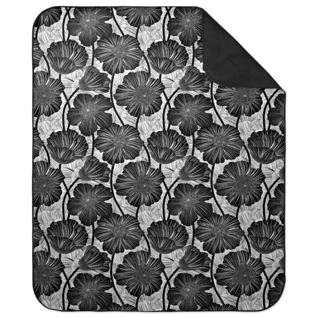 Mid Century Modern Floral - Black and White Picnic Blanket, Black, Black