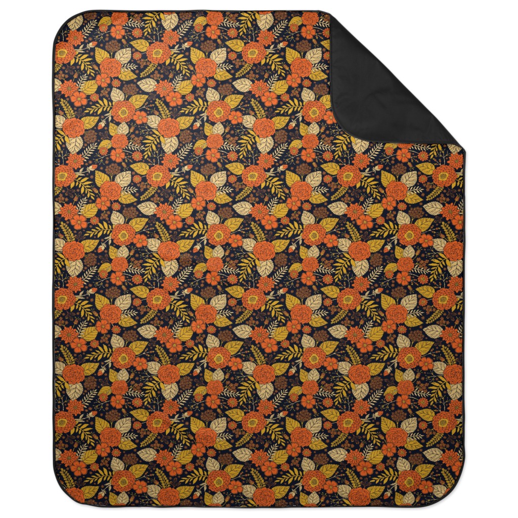 Retro Floral - Orange Brown and Yellow Picnic Blanket, Orange