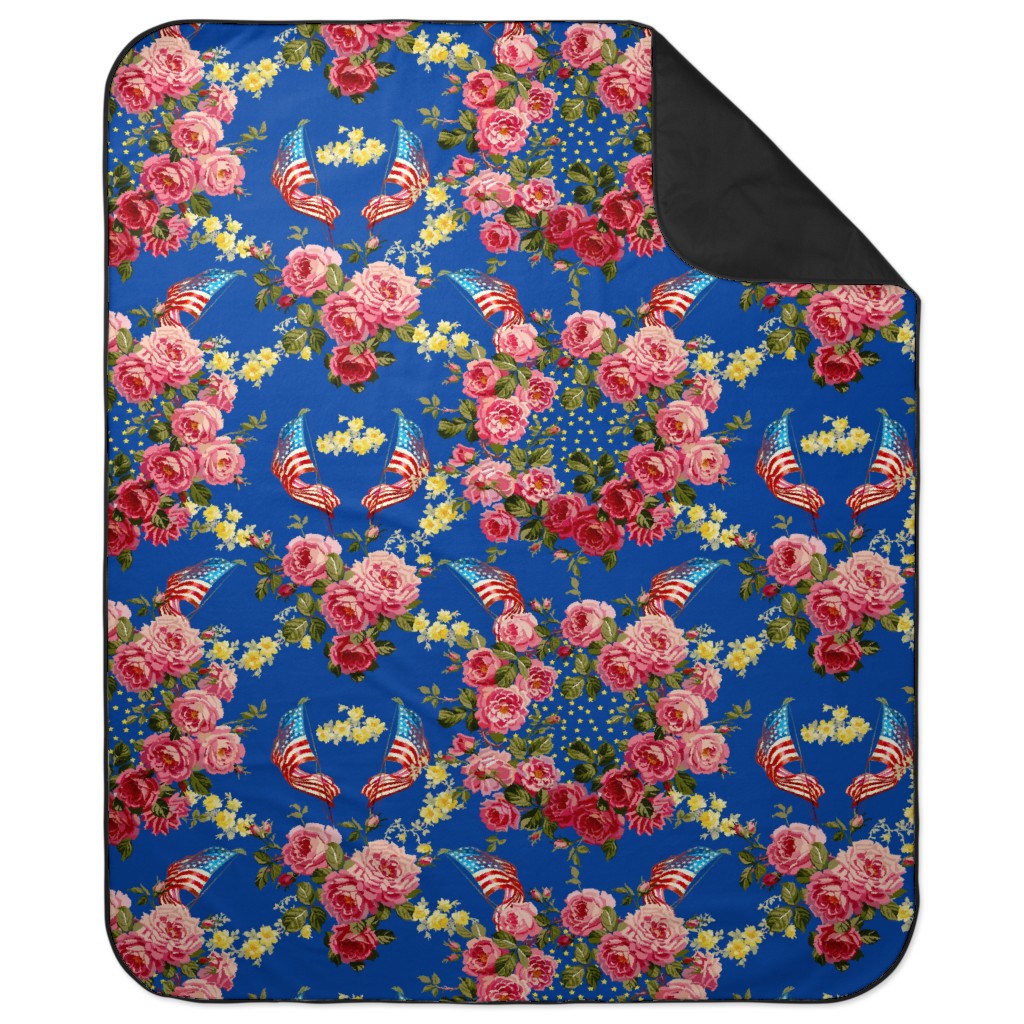 Americana Summer Roses - Blue Picnic Blanket, Blue, True Blue