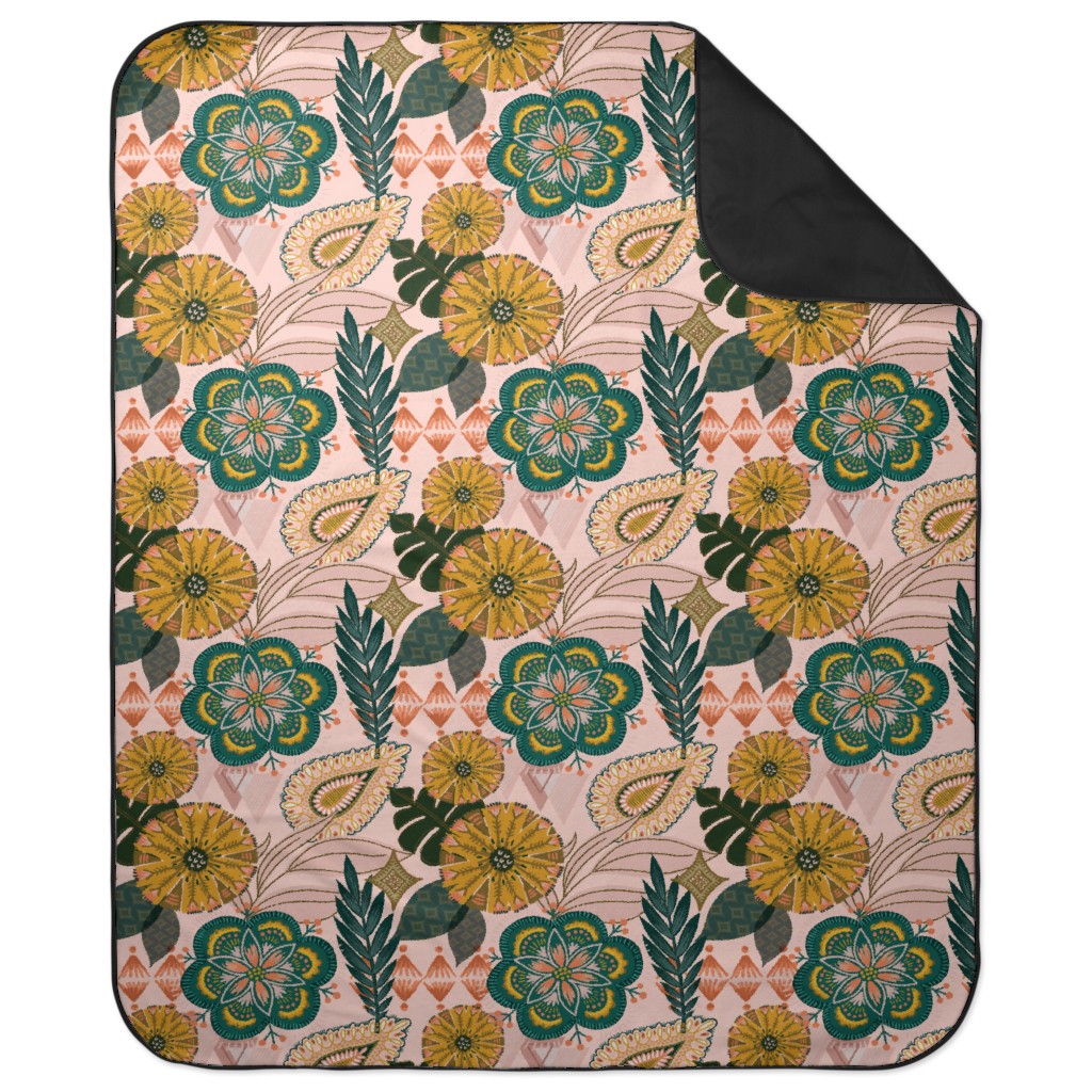 Boho Tropical - Floral - Pink Picnic Blanket, Multicolor