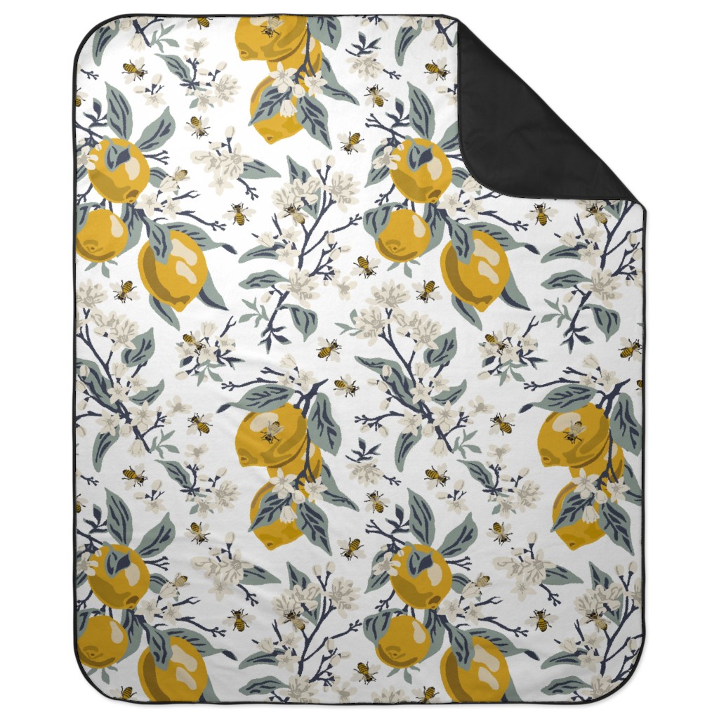 Bees and Lemons - White Picnic Blanket, Yellow