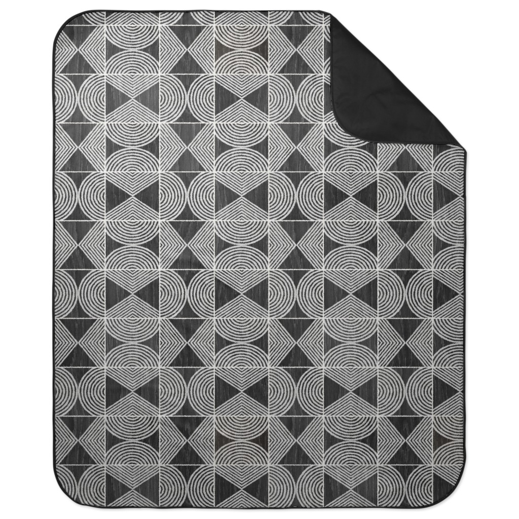 Boho Tribal Woodcut Geometric Shapes Picnic Blanket, Black