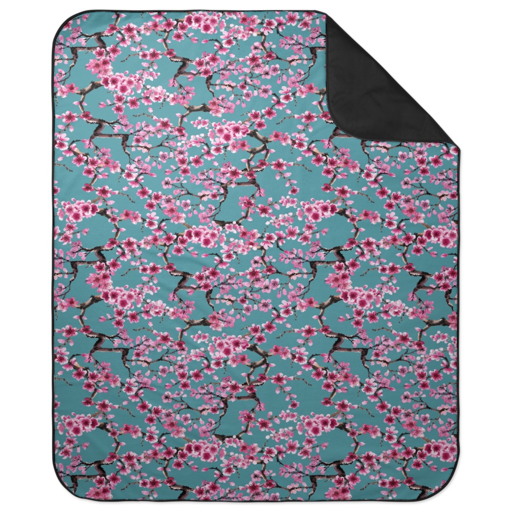 Sakura - Pink on Turquoise Picnic Blanket, Blue