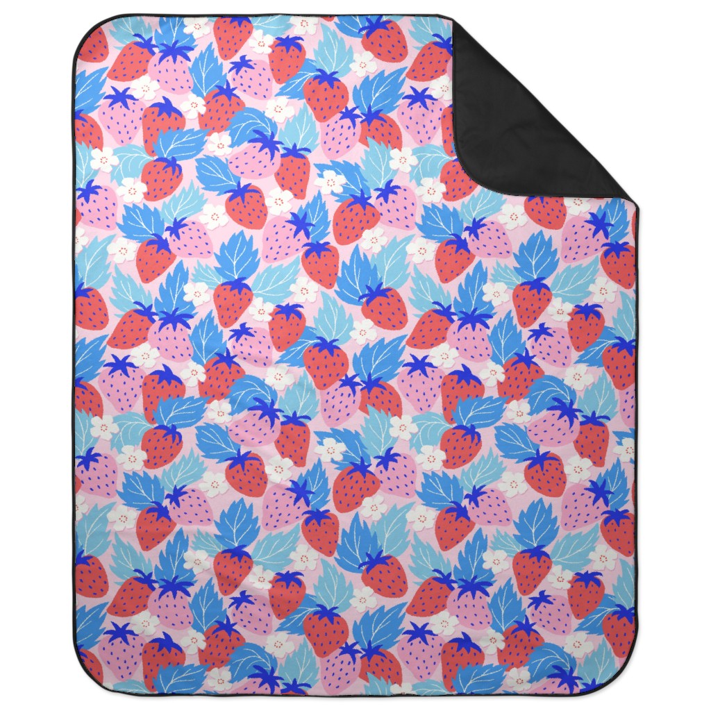 Papercut Strawberries - Pink and Blue Picnic Blanket, Multicolor