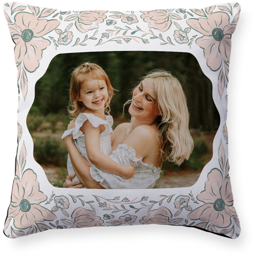 Classic Floral Border Pillow, Woven, Black, 16x16, Single Sided, White, white