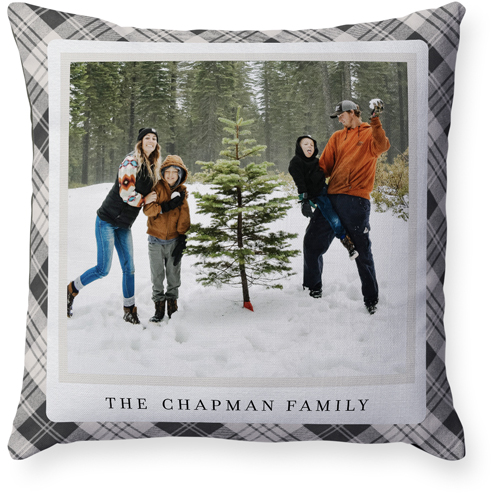 Neutral Plaid Frame Pillow, Woven, Black, 18x18, Single Sided, Gray, charcoal