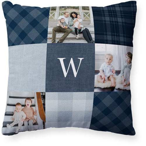Patchwork Monogram Pillow, Woven, White, 20x20, Double Sided, Blue, navy