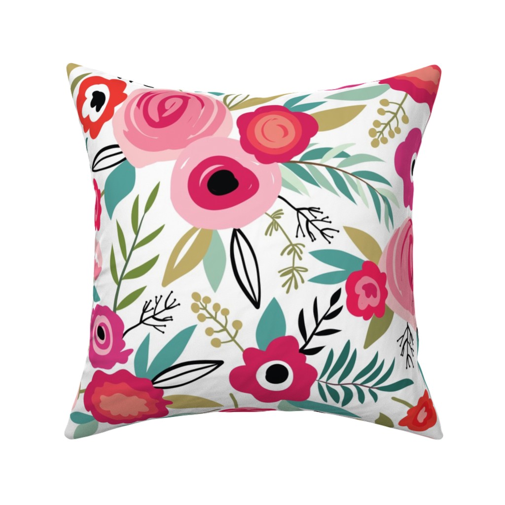 Maypole Floral - Pink Pillow, Woven, Beige, 16x16, Single Sided, Pink, Bright Pink