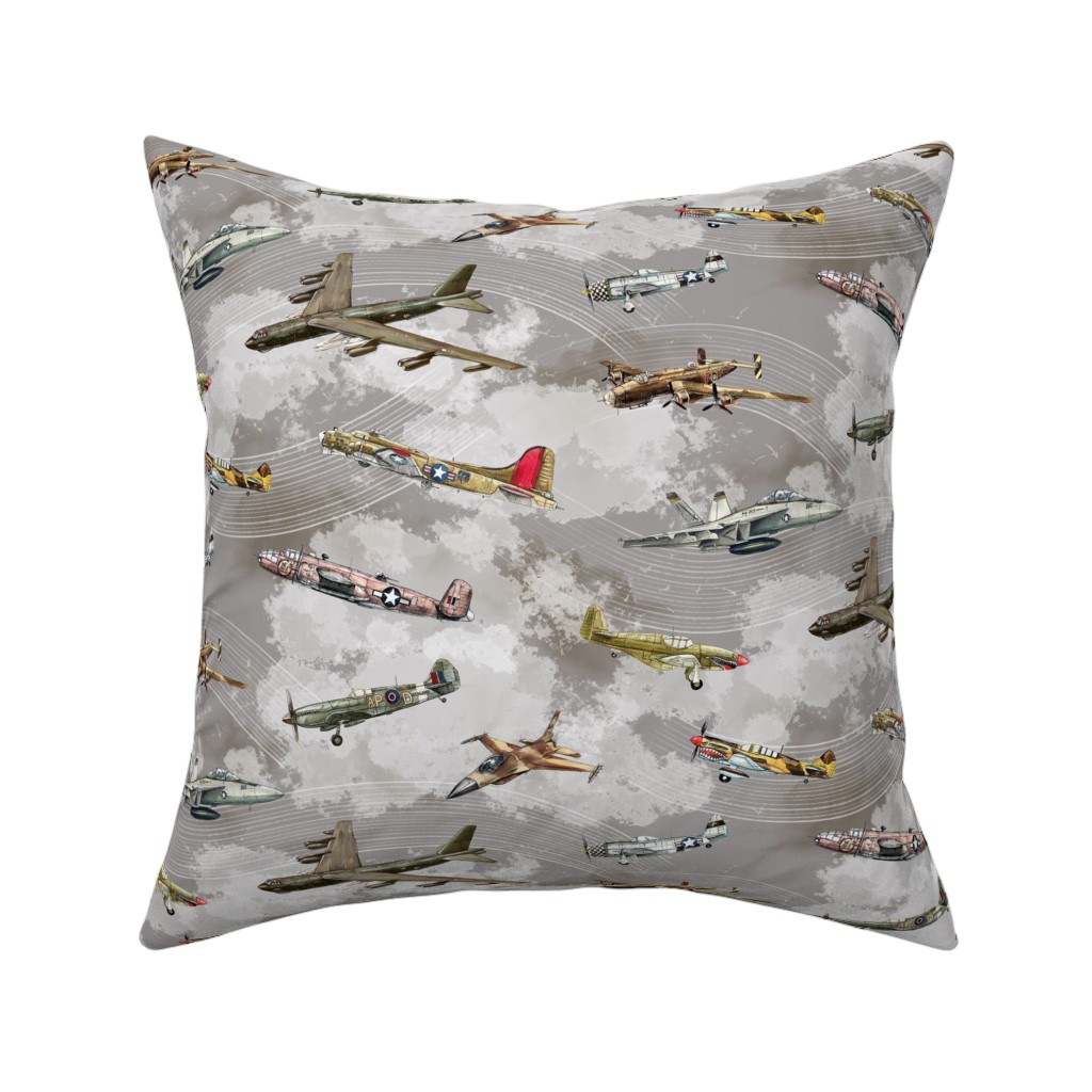 Military Planes Pillow, Woven, Beige, 16x16, Single Sided, Gray, Smoke Signals