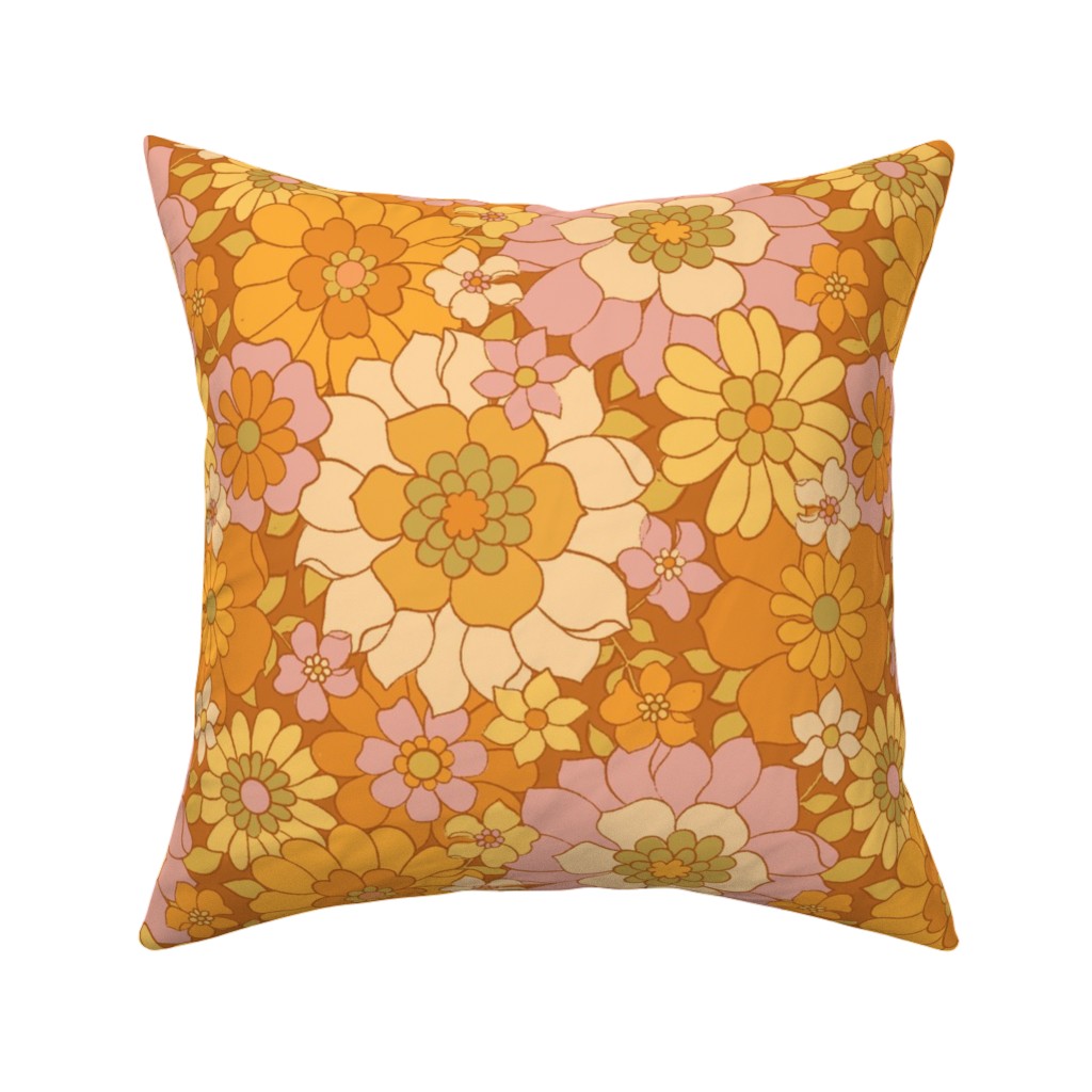 Avery Retro Floral Pillow, Woven, Beige, 16x16, Single Sided, Orange, Tawny