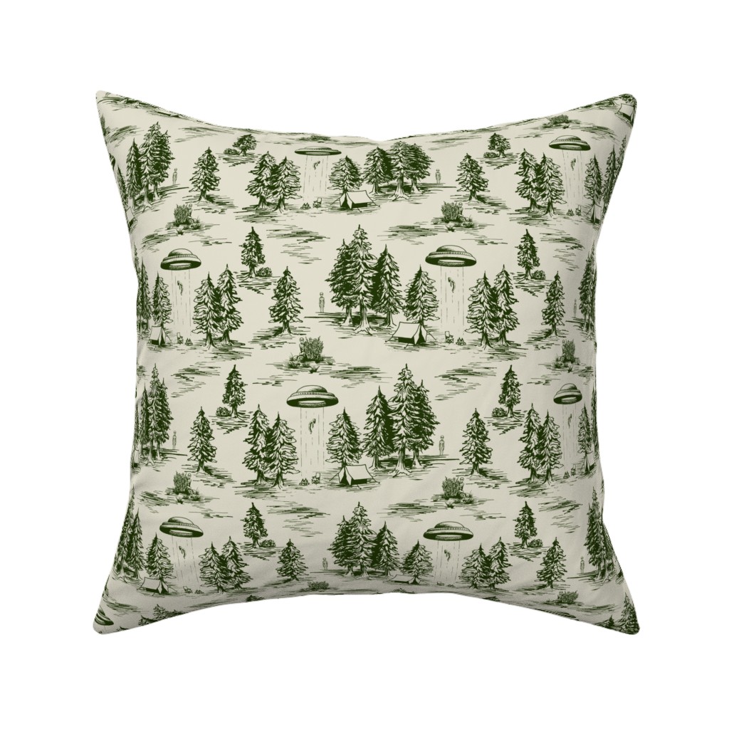 Alien Abduction Toile De Jouy - Forest Green & Cream Pillow, Woven, Beige, 16x16, Single Sided, Green