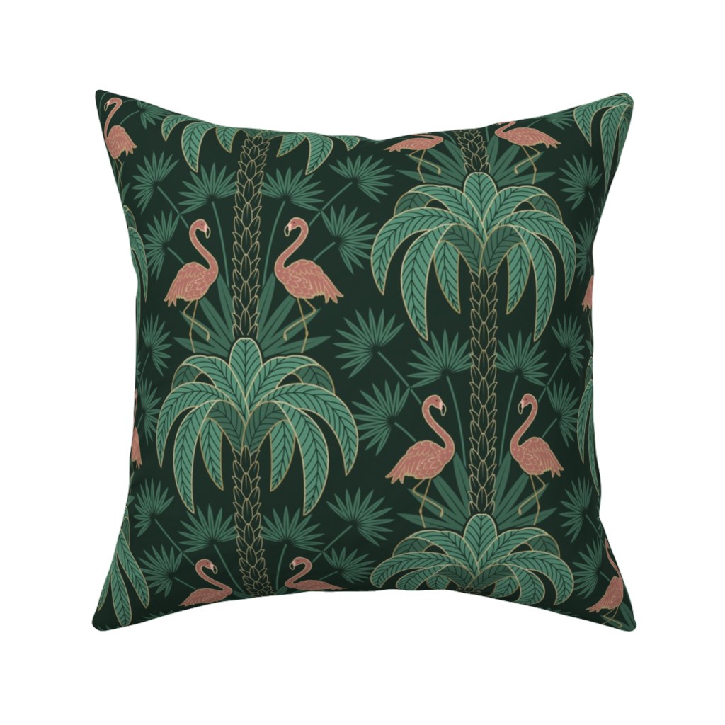 Palm Trees and Flamingos Deco Tropical Damask - Green Pillow, Woven, Beige, 16x16, Single Sided, Green